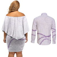 Aloha Lei Mikioi Couples Matching Off Shoulder Short Dress and Long Sleeve Button Shirt Purple Polynesian Tribal Tatau Pattern