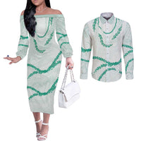 Aloha Lei Mikioi Couples Matching Off The Shoulder Long Sleeve Dress and Long Sleeve Button Shirt Sage Green Polynesian Tribal Tatau Pattern