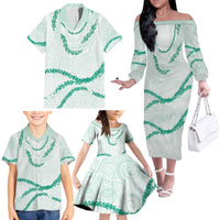 Aloha Lei Mikioi Family Matching Off The Shoulder Long Sleeve Dress and Hawaiian Shirt Sage Green Polynesian Tribal Tatau Pattern