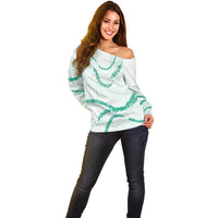 Aloha Lei Mikioi Off Shoulder Sweater Sage Green Polynesian Tribal Tatau Pattern