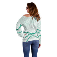 Aloha Lei Mikioi Off Shoulder Sweater Sage Green Polynesian Tribal Tatau Pattern