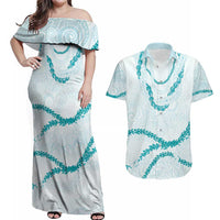 Aloha Lei Mikioi Couples Matching Off Shoulder Maxi Dress and Hawaiian Shirt Teal Polynesian Tribal Tatau Pattern