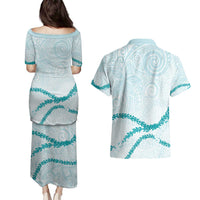 Aloha Lei Mikioi Couples Matching Puletasi and Hawaiian Shirt Teal Polynesian Tribal Tatau Pattern