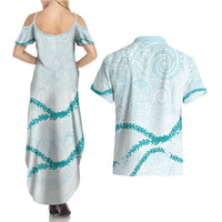 Aloha Lei Mikioi Couples Matching Summer Maxi Dress and Hawaiian Shirt Teal Polynesian Tribal Tatau Pattern