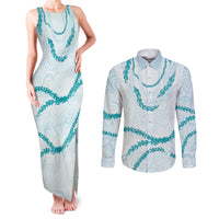 Aloha Lei Mikioi Couples Matching Tank Maxi Dress and Long Sleeve Button Shirt Teal Polynesian Tribal Tatau Pattern
