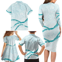 Aloha Lei Mikioi Family Matching Long Sleeve Bodycon Dress and Hawaiian Shirt Teal Polynesian Tribal Tatau Pattern