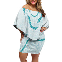 Aloha Lei Mikioi Family Matching Off Shoulder Short Dress and Hawaiian Shirt Teal Polynesian Tribal Tatau Pattern