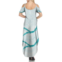 Aloha Lei Mikioi Summer Maxi Dress Teal Polynesian Tribal Tatau Pattern
