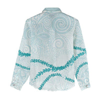 Aloha Lei Mikioi Women Casual Shirt Teal Polynesian Tribal Tatau Pattern