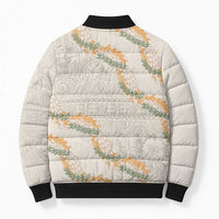 Aloha Pakalana and Puakenikeni Lei Bomber Puffer Jacket Beige Hawaiian Pattern - Polynesian Pride
