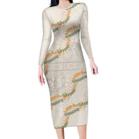 Aloha Pakalana and Puakenikeni Lei Family Matching Long Sleeve Bodycon Dress and Hawaiian Shirt Beige Hawaiian Pattern