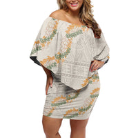 Aloha Pakalana and Puakenikeni Lei Family Matching Off Shoulder Short Dress and Hawaiian Shirt Beige Hawaiian Pattern
