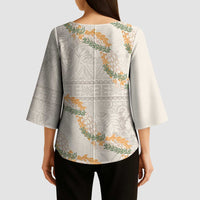 Aloha Pakalana and Puakenikeni Lei Kimono Sleeve Blouse Beige Hawaiian Pattern - Polynesian Pride