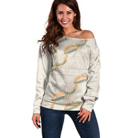 Aloha Pakalana and Puakenikeni Lei Off Shoulder Sweater Beige Hawaiian Pattern LT9 Women Beige - Polynesian Pride
