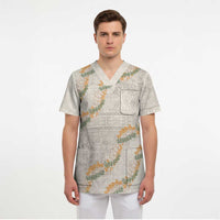 Aloha Pakalana and Puakenikeni Lei Scrub Top Beige Hawaiian Pattern - Polynesian Pride