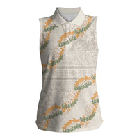Aloha Pakalana and Puakenikeni Lei Women Sleeveless Polo Shirt Beige Hawaiian Pattern