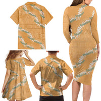 Aloha Pakalana and Puakenikeni Lei Family Matching Long Sleeve Bodycon Dress and Hawaiian Shirt Gold Hawaiian Pattern
