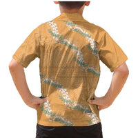 Aloha Pakalana and Puakenikeni Lei Family Matching Mermaid Dress and Hawaiian Shirt Gold Hawaiian Pattern
