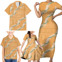 Aloha Pakalana and Puakenikeni Lei Family Matching Short Sleeve Bodycon Dress and Hawaiian Shirt Gold Hawaiian Pattern