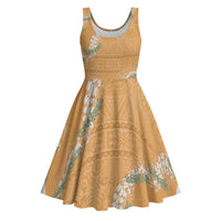 Aloha Pakalana and Puakenikeni Lei Midi Dress Gold Hawaiian Pattern - Polynesian Pride