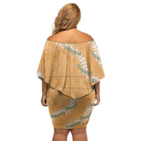 Aloha Pakalana and Puakenikeni Lei Off Shoulder Short Dress Gold Hawaiian Pattern