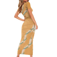 Aloha Pakalana and Puakenikeni Lei Short Sleeve Bodycon Dress Gold Hawaiian Pattern