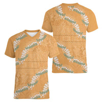 Aloha Pakalana and Puakenikeni Lei Women V-Neck T-Shirt Gold Hawaiian Pattern
