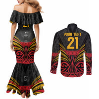 Custom Papua New Guinea Cricket Couples Matching Mermaid Dress and Long Sleeve Button Shirt PNG Emblem Mix Polyneisan Pattern