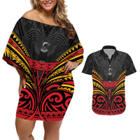 Custom Papua New Guinea Cricket Couples Matching Off Shoulder Short Dress and Hawaiian Shirt PNG Emblem Mix Polyneisan Pattern LT9 Black - Polynesian Pride