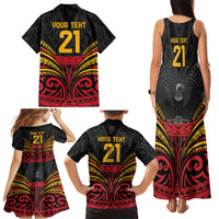 Custom Papua New Guinea Cricket Family Matching Tank Maxi Dress and Hawaiian Shirt PNG Emblem Mix Polyneisan Pattern