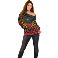 Custom Papua New Guinea Cricket Off Shoulder Sweater PNG Emblem Mix Polyneisan Pattern LT9 - Polynesian Pride