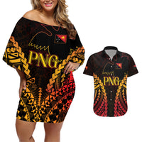 Custom Papua New Guinea Cricket Couples Matching Off Shoulder Short Dress and Hawaiian Shirt Go Barramundis LT9 Black - Polynesian Pride
