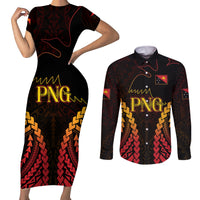 Custom Papua New Guinea Cricket Couples Matching Short Sleeve Bodycon Dress and Long Sleeve Button Shirt Go Barramundis