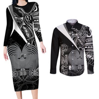 Custom Papua New Guinea Cricket Couples Matching Long Sleeve Bodycon Dress and Long Sleeve Button Shirt Tribal Bird of Paradise Tattoo