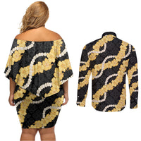 Aloha Melemele Hibiscus Pikake Lei Couples Matching Off Shoulder Short Dress and Long Sleeve Button Shirt Hawaiian Quilt Pattern