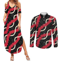 Aloha Ula'ula Hibiscus Pikake Lei Couples Matching Summer Maxi Dress and Long Sleeve Button Shirt Hawaiian Quilt Pattern