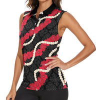 Aloha Ula'ula Hibiscus Pikake Lei Women Sleeveless Polo Shirt Hawaiian Quilt Pattern