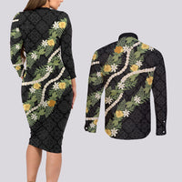 Puakenikeni Anthurium Pikake Lei Couples Matching Long Sleeve Bodycon Dress and Long Sleeve Button Shirt Hawaiian Quilt Pattern