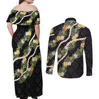 Puakenikeni Anthurium Pikake Lei Couples Matching Off Shoulder Maxi Dress and Long Sleeve Button Shirt Hawaiian Quilt Pattern LT9 - Polynesian Pride