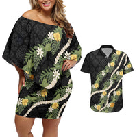 Puakenikeni Anthurium Pikake Lei Couples Matching Off Shoulder Short Dress and Hawaiian Shirt Hawaiian Quilt Pattern