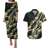 Puakenikeni Anthurium Pikake Lei Couples Matching Puletasi and Hawaiian Shirt Hawaiian Quilt Pattern LT9 Black - Polynesian Pride