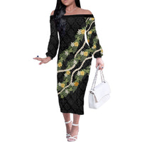 Puakenikeni Anthurium Pikake Lei Family Matching Off The Shoulder Long Sleeve Dress and Hawaiian Shirt Hawaiian Quilt Pattern