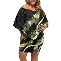 Puakenikeni Anthurium Pikake Lei Off Shoulder Short Dress Hawaiian Quilt Pattern LT9 Women Black - Polynesian Pride