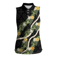 Puakenikeni Anthurium Pikake Lei Women Sleeveless Polo Shirt Hawaiian Quilt Pattern LT9 Female Black - Polynesian Pride