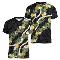 Puakenikeni Anthurium Pikake Lei Women V-Neck T-Shirt Hawaiian Quilt Pattern