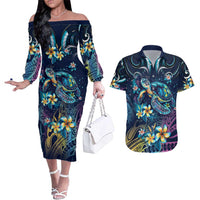 Plumeria Turtles Traditional Tribal Couples Matching Off The Shoulder Long Sleeve Dress and Hawaiian Shirt