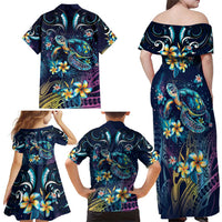 Plumeria Turtles Traditional Tribal Family Matching Off Shoulder Maxi Dress and Hawaiian Shirt
