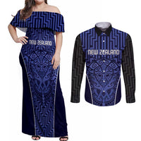 Custom Basketball New Zealand Couples Matching Off Shoulder Maxi Dress and Long Sleeve Button Shirt Blue Maori Ta Moko Indigenous - Polynesian Pride