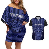 Custom Basketball New Zealand Couples Matching Off Shoulder Short Dress and Hawaiian Shirt Blue Maori Ta Moko Indigenous - Polynesian Pride