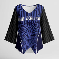 Custom Basketball New Zealand Kimono Sleeve Blouse Blue Maori Ta Moko Indigenous - Polynesian Pride